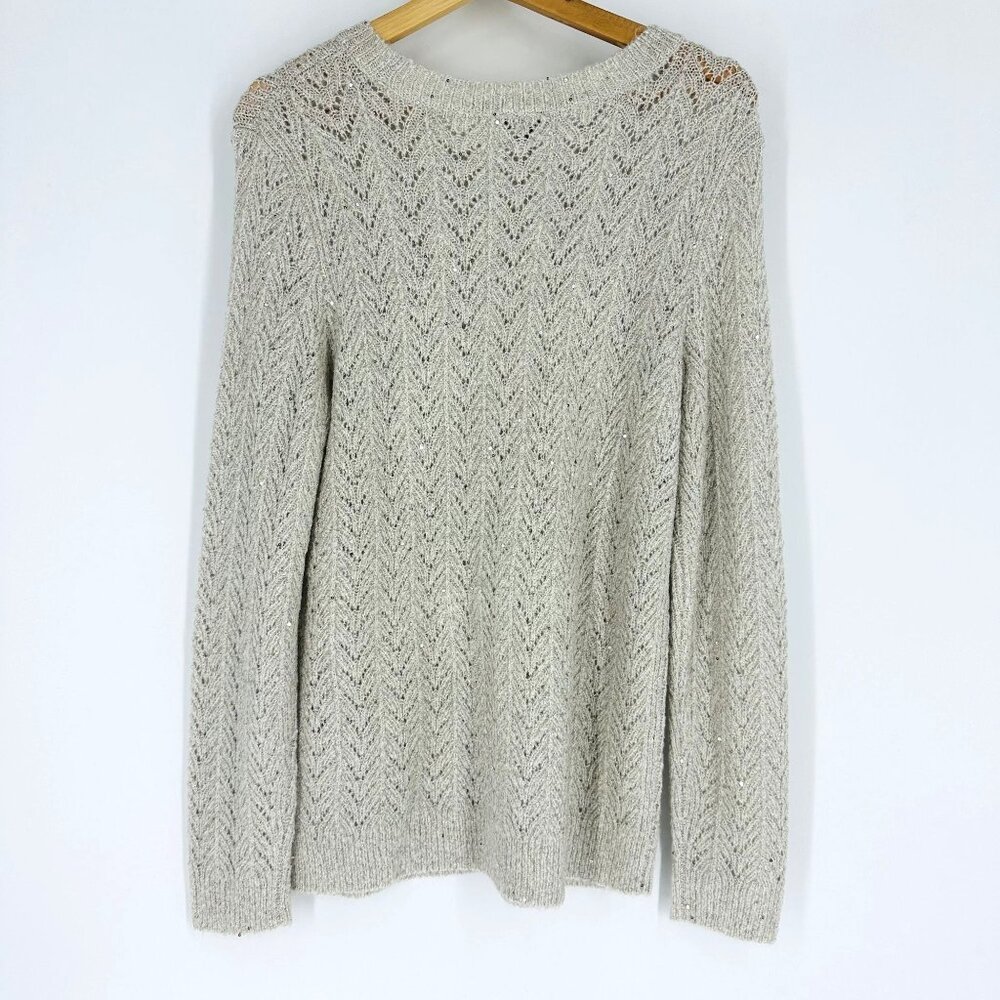 Talbots Gray Silver Metallic Sequin Embellished Long Sleeve Crew Neck Sweater M - Picture 2 of 8